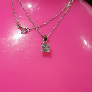 Dazzling  Solid Sterling Silver Princess CZ Solitaire Pendant Necklace 18" Chain